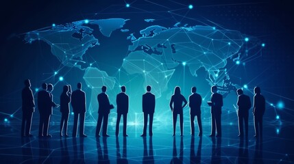 A group of people are standing in front of a globe, with a blue background