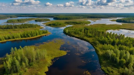 Elevated Aerial View of Yelnya Swamp Landscape in Miory District, Vitebsk Region, Belarus – Nature Reserve and Bogs