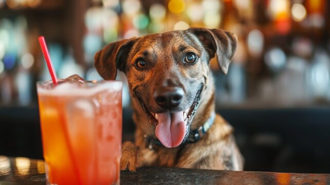A cute dog sitting at a bar beside a beverage with a straw, set against a blurred background of a bar environment, combining the charm of pets with a fun nightlife setting.