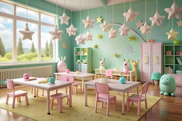 Obraz premium Whimsical Classroom Magic: Pastel tones, playful patterns, magical creatures, imaginative concepts