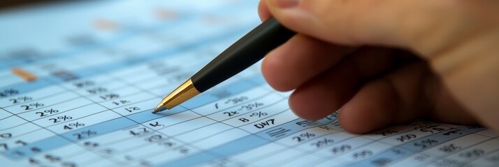 A hand with a pen points at a complex data chart filled with various colorful elements, symbolizing detailed analysis and financial assessment.