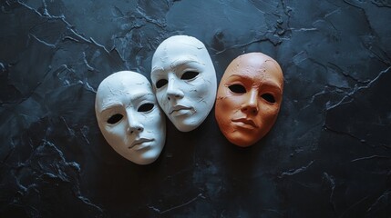 Three masks in shades of white and orange placed on a dark textured background, showcasing minimalist lighting, evoking themes of mystery and concealment.