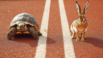 A tortoise and a hare are positioned on a red running track, symbolizing the classic fable race, with the tortoise looking determined and the hare appearing alert and ready to sprint.