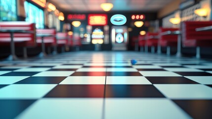 Retro Diner Podium, an empty table set against a classic black and white checkerboard floor, vibrant neon signs, cozy vinyl booths, and a nostalgic jukebox ambiance.