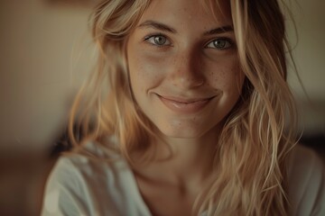 Fototapeta premium Close up of a smiling girl with golden curly hair