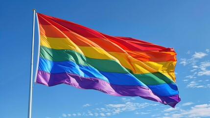 Pride rainbow lgbt flag waving against a blue sky.