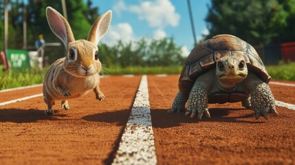 Obraz premium A charming scene featuring a rabbit and a tortoise racing on a track, capturing the essence of a classic fable brought to life in vibrant animation with rich detail.