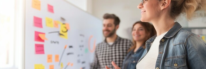 A group of colleagues brainstorming ideas together, standing by a whiteboard covered in sticky notes in an office setting.