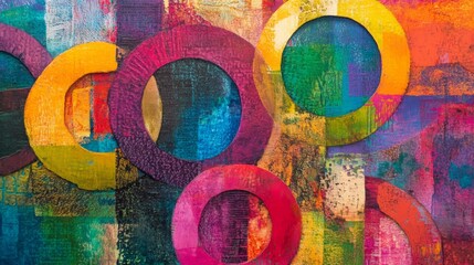 Fototapeta premium A lively art piece showcasing vivid and colorful overlapping rings, which create a sense of depth and playfulness, highlighting artistic creativity and abstract visual elements.