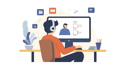 Person with Hearing Aid Attending Virtual Meeting on Computer