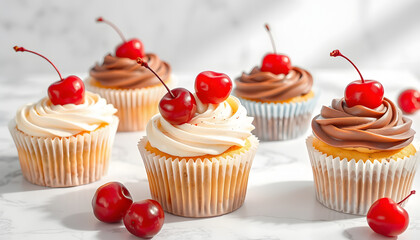 Delicious cupcakes with cream and cherries on white marble table isolated with white highlights, png