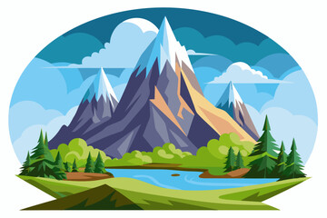 Mountain Range Landscape with River, Green Trees, and Blue Sky