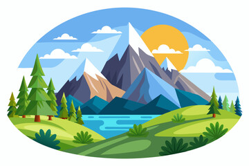 A Scenic View of Majestic Mountains with a Lake and Lush Green Fields