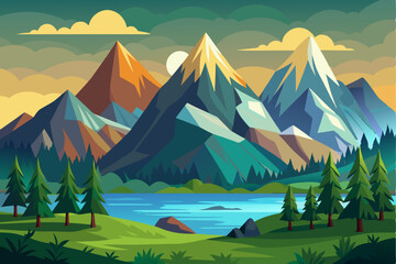 Majestic Mountain Range with Serene Lake and Forest