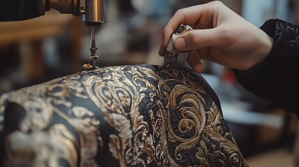 Skilled Tailor Sewing Intricate Details on Bespoke Fashion Garment in Atelier