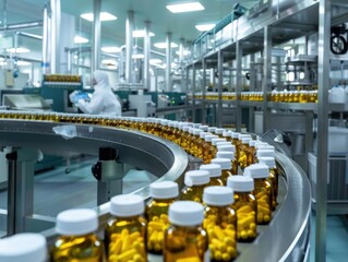 Capsules and tablets on a production line in a pharmaceutical manufacturing facility