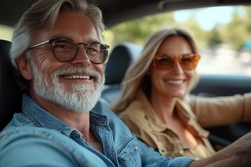 Fototapeta premium Happy Mature Couple Sitting In New Car, Generative AI