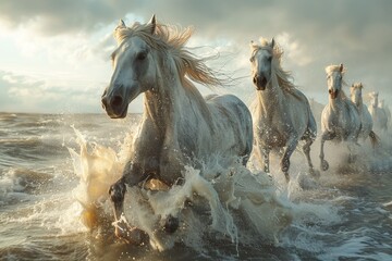 Fototapeta premium Horses galloping on the ocean shore.