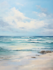 Wide Ocean Beach with Gentle Waves and Soft Blue Sky, Tranquil Coastal Scene