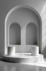 White podium with two semicircular rings on white background, in a minimalistic style, with studio lighting.