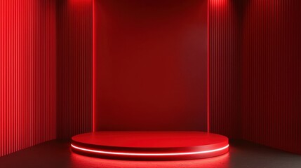 Neon Red Glamour Stage, a striking corner featuring a glossy pedestal for showcasing a cosmetic product, illuminated with vibrant red, silver, and black accents, exuding modern elegance.