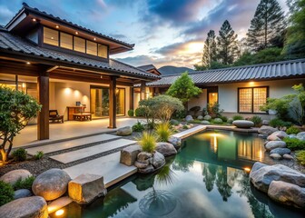 Obraz premium Zen-Inspired Retreat: Tranquil spaces, natural elements, water features, muted colors