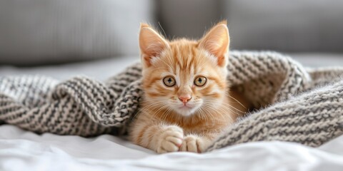 A kitten is laying on a blanket, looking up at the camera. The blanket is white and has a striped pattern. The kitten appears to be curious and playful, as it stares at the camera