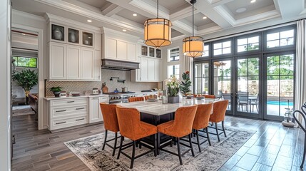 Bright and airy modern dining area with orange chairs and large windows, overlooking a serene backyard pool. Generative AI