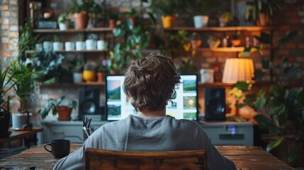 Naklejka premium Over shoulder shot of a young man using computer laptop in front of an blank white computer screen in home.