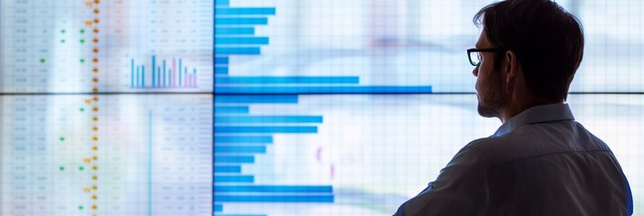 A man examines bar graphs on a digital display, analyzing data trends and performance metrics in an office setting. Tech and business focus.