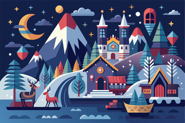 A Nighttime Winter Scene with a Village, Mountains, and Reindeer