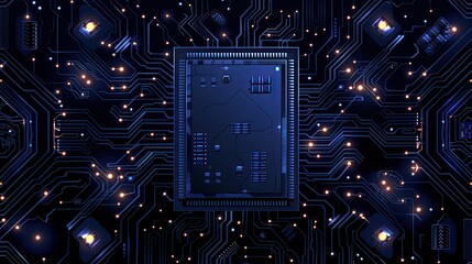Circuit board microchips with blue backlight. Nanotechnology sustainable background.