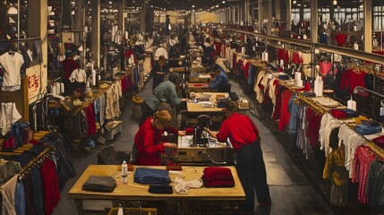 Obraz premium Wide View of Garment Factory s Automated Assembly Line with Workers Sewing and Finishing Apparel