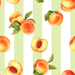 Seamless peach pattern with tropic fruits, striped background.