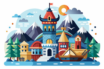 A Cartoon Cityscape with a Tall Tower and Mountains in the Background