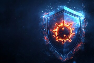 Obraz premium A futuristic shield with a glowing virus icon that is detected and blocked by the shield, representing real-time antivirus defense. 