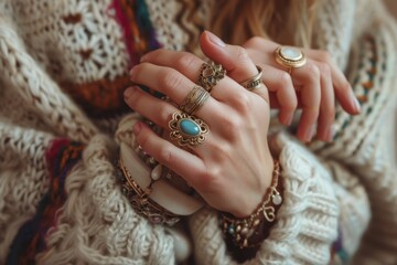A woman is wearing a lot of jewelry, including a blue stone ring