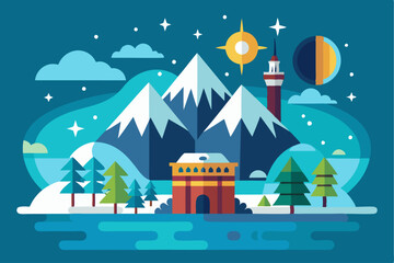 Stylized Nighttime Landscape with Mountains, Trees, and a Tower