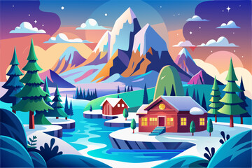 A Snowy Winter Landscape with a Mountain and Cabin