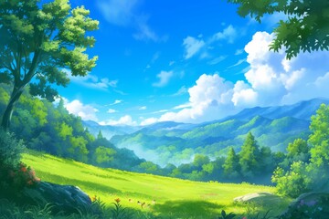 Obraz premium Scenic landscape painting of lush green valley with rolling hills, clear blue sky, and fluffy white clouds. Perfect for nature, environment, or travel themes.