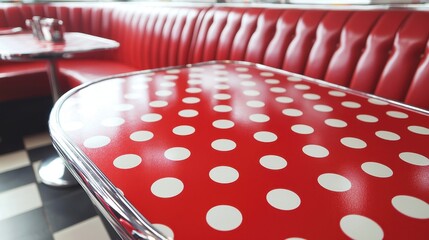 Vintage diner table with bright red surface, white polka dots, surrounded by chrome accents and retro-style seating, ideal for product display in a nostalgic setting.