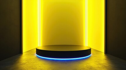 Neon Yellow Cyber Sunshine Display, an empty room featuring a vibrant podium showcasing a cosmetic product, adorned with glow sticks and metallic accents in bright yellow, black, and blue.