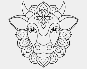 Mandala Cow line art design, 