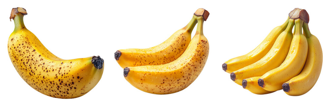 High-quality images of ripe bananas with natural brown spots and water droplets on a transparent background perfect for food advertising and creative designs