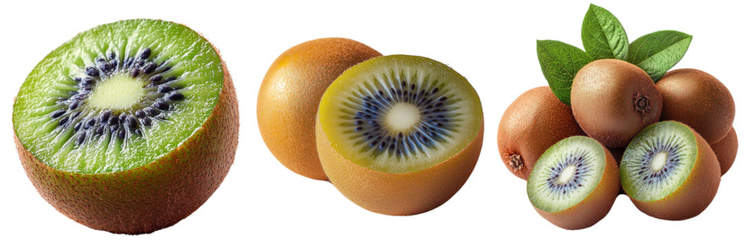 High-quality images of fresh kiwis, showcasing vibrant green and golden interiors on a transparent background, perfect for food packaging, advertising, and healthy lifestyle designs