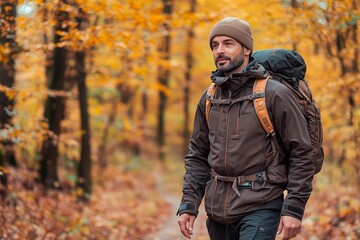 Man hiking through a forest with autumn leaves in a serene setting during the afternoon, copy space for text, hiking trip, hiking sport
