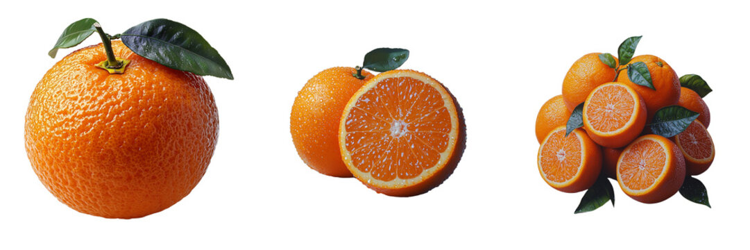 High-resolution images of fresh oranges and orange slices with vibrant details and a transparent background, ideal for food packaging, healthy lifestyle promotions, and citrus-themed designs