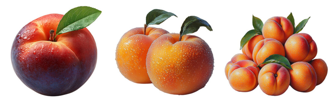 High-resolution images of fresh peaches with vibrant colors and natural water droplets on a transparent background, perfect for food advertising, packaging, and healthy lifestyle designs