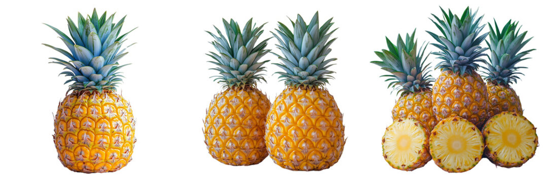 High-resolution images of fresh pineapples and pineapple slices with vibrant details on a transparent background, ideal for food packaging, tropical themes, and healthy lifestyle promotions