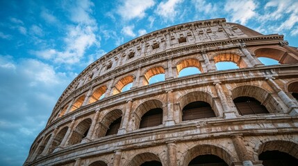 Obraz premium The Colosseum in Rome stands majestically under a blue sky. This iconic landmark showcases ancient architecture and history. A must-see for travelers. AI